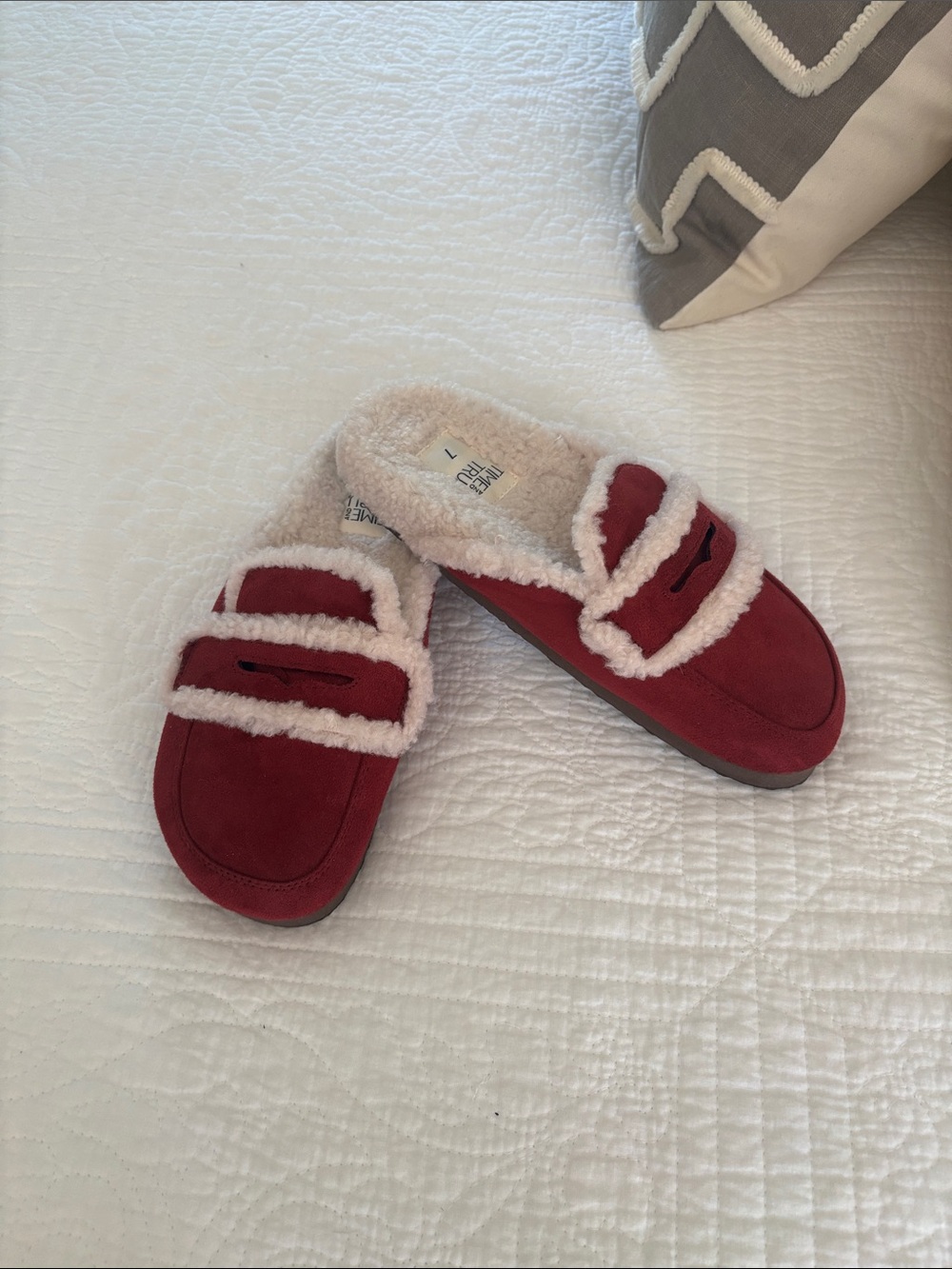 Time and Tru Red Faux-Shearling Mule Loafers